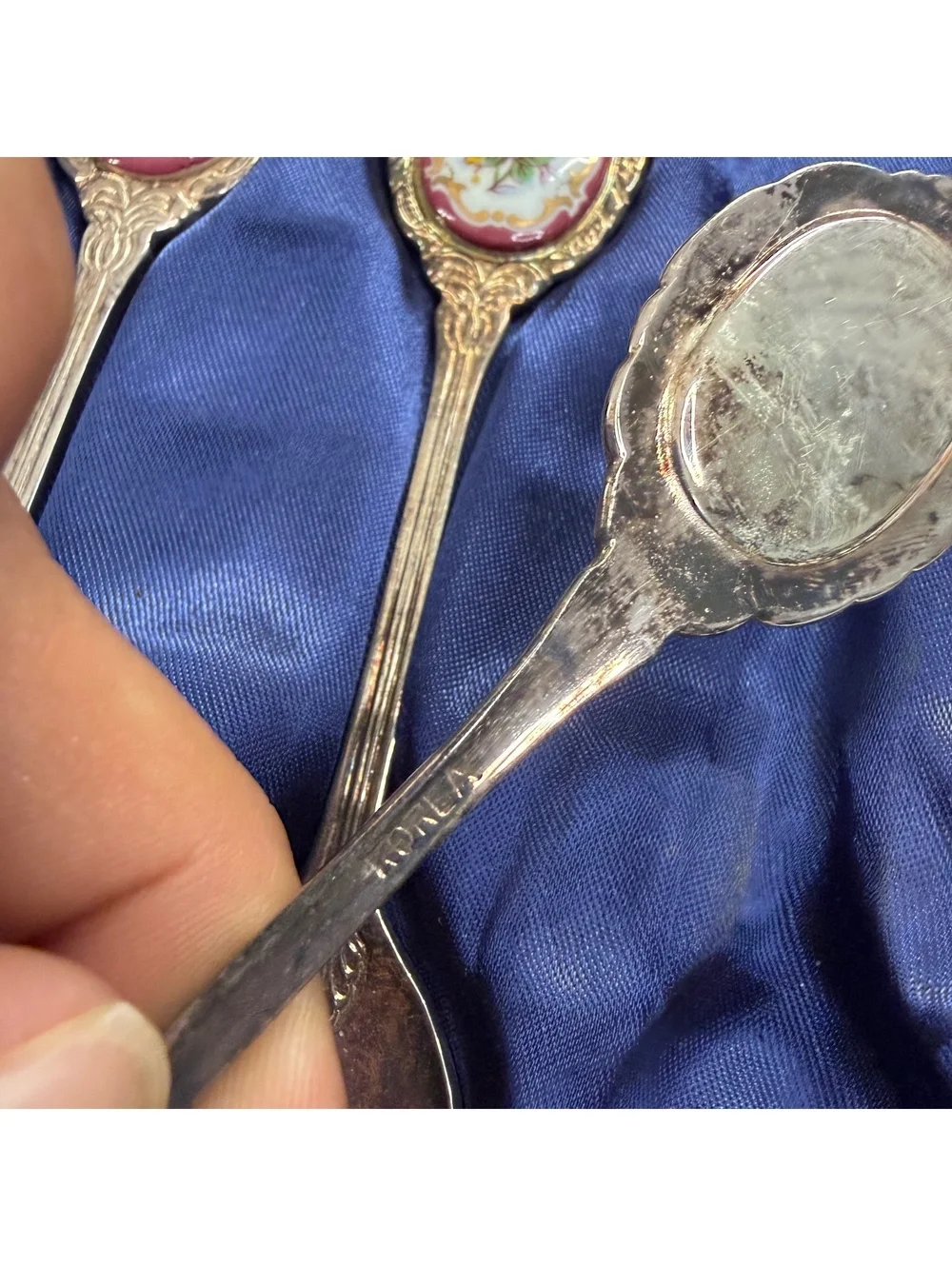 Porcelain floral silver plated desert spoon set of 6 vintage